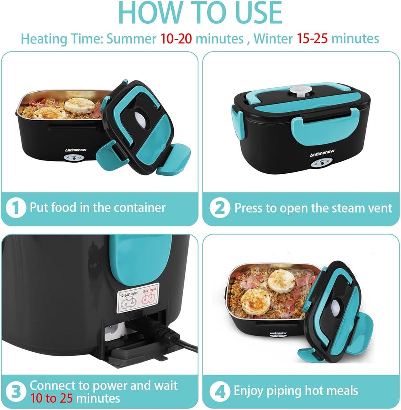 Andmenow Electric Lunch Box 80W Food Heater with Dual Container, Portable Lunch Warmer for Adults, Upgraded Heated Lunch Box for Car/Truck/Office,110/24/12V 1.5L Black+Blue - Image 4